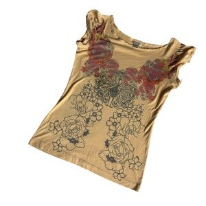 Lux Y2K Distressed Yellow Floral Peacock T-Shirt Women’s Size Small Made in USA